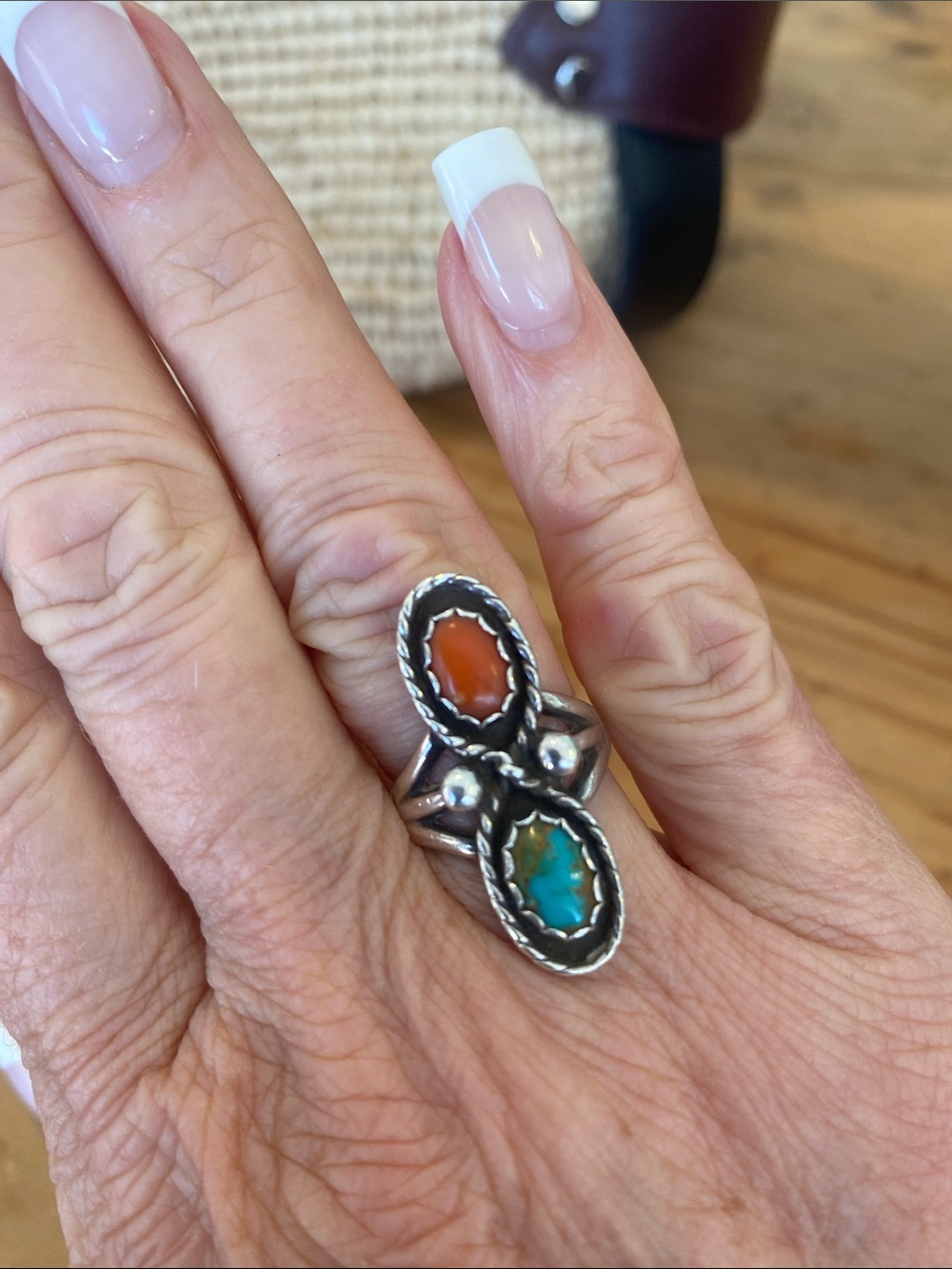 Sterling Silver Double Stone Ring with Turquoise and Coral Accents